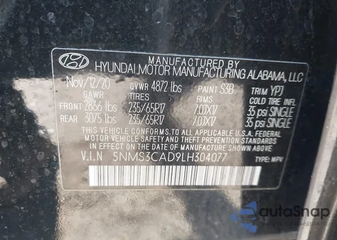 2020 Hyundai Santa Fe Sel из США, поврежденный, VIN 5NMS3CAD9LH304077